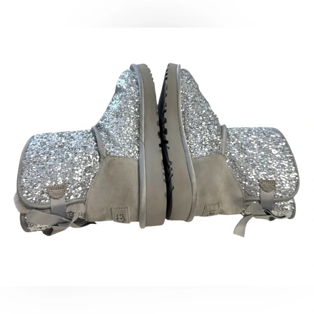 UGG Cosmos Silver Glitter Boots with Bow. Size 6
